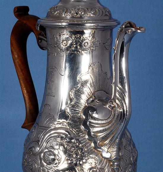 A late George II silver coffee pot, by Robin Albin Cox, Height 260mm, gross weight 23.3oz/726grms